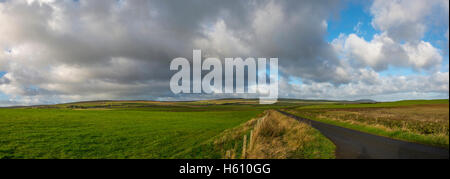 Bauernhöfe und Windkraftanlagen in der Nähe von Evie auf Mainland Orkney, Schottland, UK Stockfoto