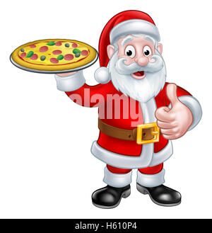 Santa Weihnachten Koch Cartoon-Figur geben einen Daumen nach oben und halten einen Teller mit pizza Stockfoto