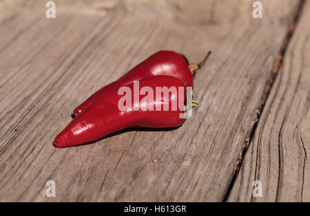 Bio rote heiße Jalapeno Pfeffer Gemüse auf einem rustikalen Holz Bauernhof-Tisch. Stockfoto