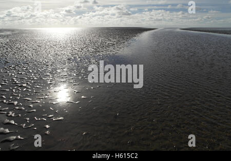 Weiße Sonne reflektierenden Rand des Meeres Kanal Kreuzung Sandstrand Wasserfläche unter Cirrus, Cumulus-Wolken, Fairhaven, Lytham, UK Stockfoto