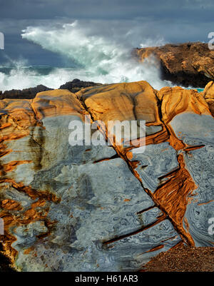 Bunten Sandsteinfelsen und Wellen. Point Lobos State Reserve. California Stockfoto