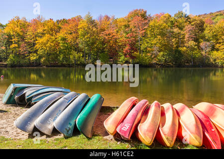 Kajaks, Kanus und Ruderboote aufgereiht auf dem Ufer des kleinen Teich Zustand Zeltplatz in den Catskills Mountains von New York. Stockfoto