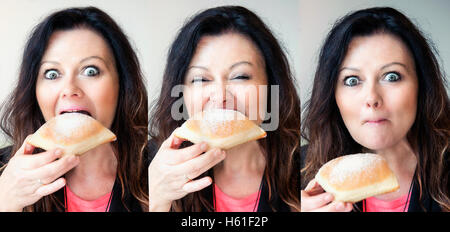 mehrere Gesichter der gleichen Brünette Frau Essen Gebäck Stockfoto