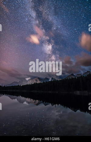 Im Sommer Milchstraße im Hochformat über Herbert Lake und Mount Temple und Gipfeln rund um Lake Louise im Banff National Park Stockfoto
