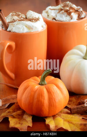 Zwei Kürbis Lattes in orange Becher mit orangefarbenen und weißen Mini Kürbisse erschossen in natürlichem Licht.  Sehr geringe Schärfentiefe Stockfoto