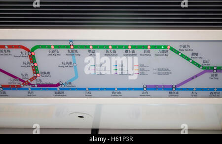 Grafik Karte anzeigen, Straßenbahn-Wagen in Hongkong zeigt Stationen Straßenbahnhaltestelle anmelden. Stockfoto