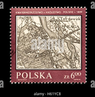 Briefmarke aus Polen, eine Karte von Warschau, polnischen Königreich Quartiermeister Karte darstellen. Stockfoto