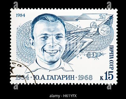 Briefmarke aus der sowjetischen Union abbildenden Yuri Gagarin, der erste Mensch im Weltall. Stockfoto