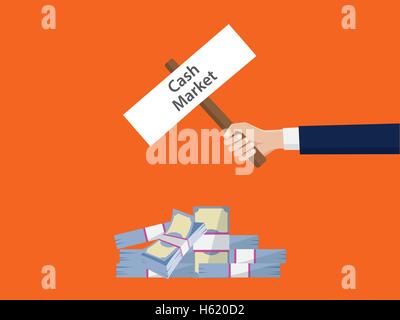 am Kassamarkt Stapel Geld mit Geschäftsmann hält einen Plakat-text Stock Vektor