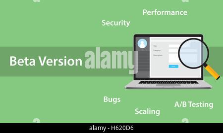 Beta-Version Softwarekonzept mit Laptop und Lupe Fehler Fehler Fehler einen b-Test Leistung Skalierung Start Stock Vektor