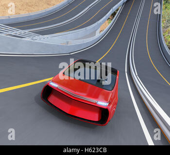 Vorderansicht des roten Elektroauto fahren auf Schleife Brücke. 3D-Rendering Bild. Stockfoto