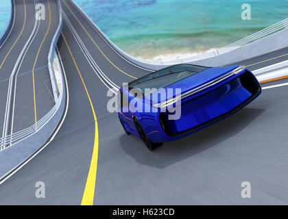 Vorderansicht des blauen Elektroauto fahren auf Schleife Brücke. 3D-Rendering Bild. Stockfoto