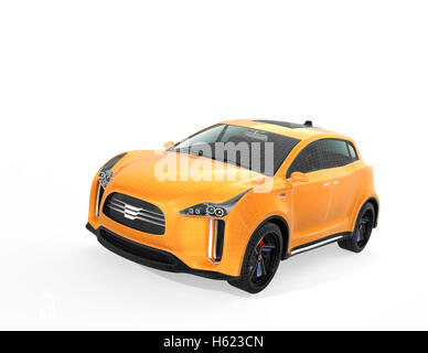 Gelbe SUV mit Drahtgitter isoliert auf weißem Hintergrund. 3D-Rendering Bild mit Beschneidungspfad. Stockfoto