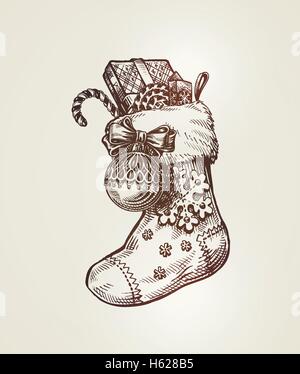 Weihnachtssocke mit Geschenken. Skizze-Vektor-illustration Stock Vektor
