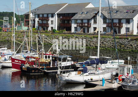 Blick auf die Boote im Hafen von Aberystwyth / Marina zugewandten Y Lanfa, Trefechen. Stockfoto