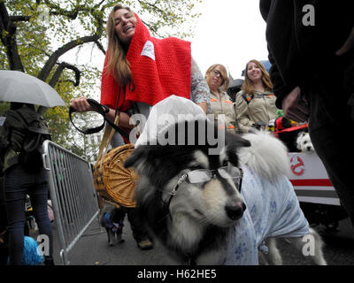 New York, USA. 22. Oktober 2016. Eine Frau gekleidet wie die Märchen-Figur, die little Red riding Hood steht mit ihrem Hund, gekleidet wie eine Großmutter bei der Kostüm-Parade für die gruselige Halloween-Party in New York, USA, 22. Oktober 2016. Foto: Johannes Schmitt-Tegge/Dpa/Alamy Live News Stockfoto