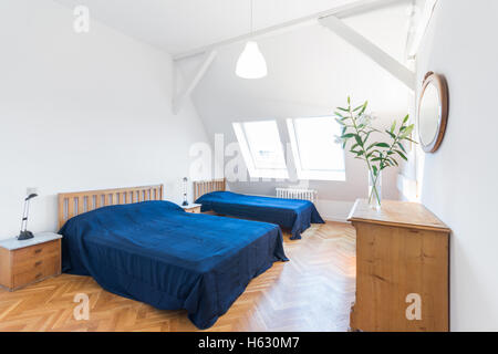 Schlafzimmer mit zwei Betten in schönen Dachgeschoss nach Hause Stockfoto