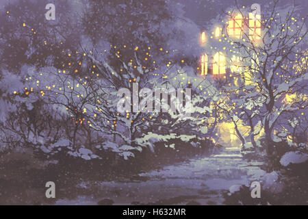 Nachtlandschaft schneereichen Winter Gasse im Park mit Weihnachtsbeleuchtung auf Bäumen, Illustration, Malerei Stockfoto