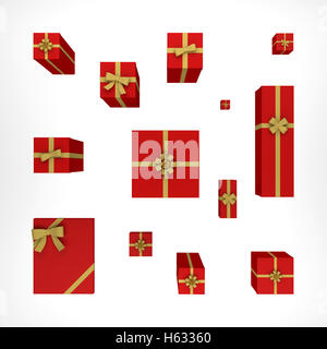 Komposition mit Geschenk-Boxen. Ansicht von oben. 3D-Rendering Stockfoto