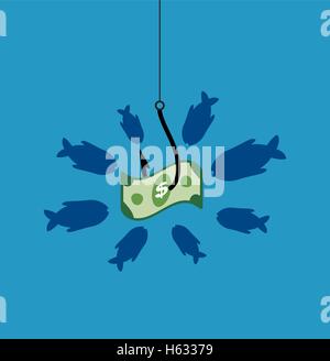 Vektor-Symbol mit Haken, Köder und hungrigen Fischen in Versuchung, einen Dollar zu fangen Stock Vektor