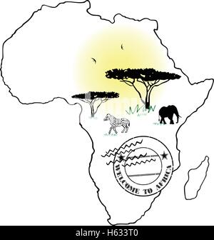 Afrika Karte mit Bäumen, Tieren und Reisen Stempel Stock Vektor