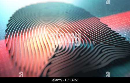 3D Abbildung eines Laserscanners auf einen Fingerabdruck geprägt. Stockfoto