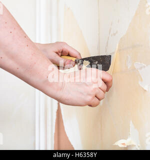 Reparatur der Wohnung tapezieren: Vorbereitung der Wände. Die Unterstützung von der Wand zu kratzen Stockfoto