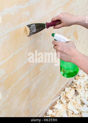 renovation of apartment, wallpapering: preparation of walls. Removing of wet old wallpaper with metal spatula Stockfoto
