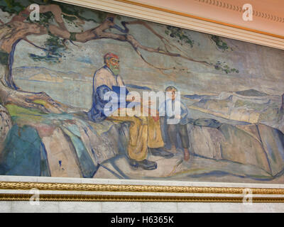 Universitetets Aula, Oslo University Hall, hat drei monumentale Gemälde / Wandmalereien von Edvard Munch, "Historien", "Geschichte" Stockfoto