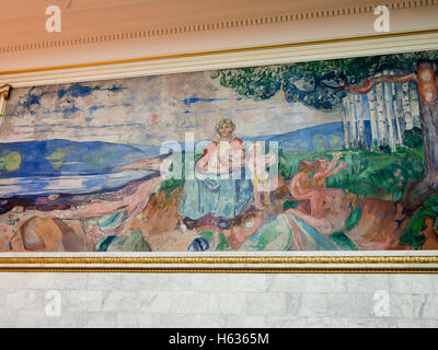 Universitetets Aula, Oslo University Hall, in Norwegen hat drei monumentale Gemälde / Wandbilder von Edvard Munch, das heißt "Alma Mater" Stockfoto