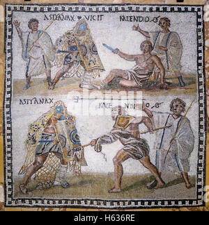 Madrid. Spanien. Secutor vs. Retiarius, Römisches Mosaik, 3. Jahrhundert n. Chr. von Rom, nationale archäologische Museum von Spanien. Stockfoto