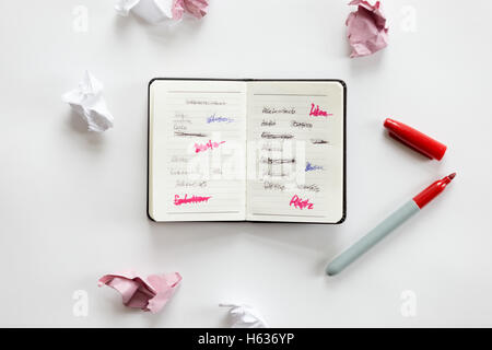 Weißer Schreibtisch mit einem offenen Notebook und zerknittertes Papier Stockfoto