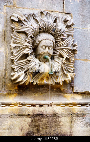 Stein geschnitzte Verzierungen, in der große Onofrio-Brunnen in der Altstadt von Dubrovnik, Kroatien Stockfoto