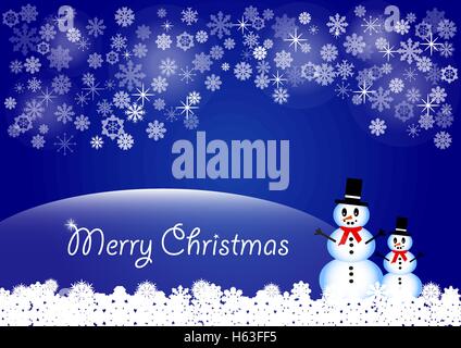 Zwei lächelnde Schneemänner stehen in weiße Schneeflocken. Auf ihrer linken Seite befindet sich die Inschrift Frohe Weihnachten. Stock Vektor