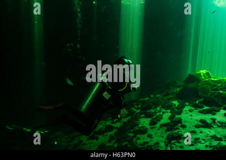 Scuba Diver in Car Wash Cenote Aktun Ha, Tulum, Yucatan, Mexiko Unterwasser Fotografie Abenteuer, tauchen Sie ein in die blaue Kristall Wasser Stockfoto