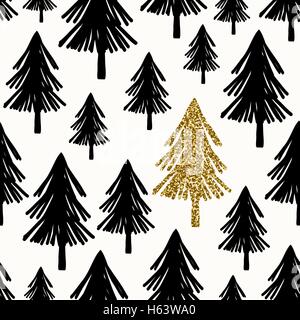 Nahtlose wiederholendes Muster mit Weihnachtsbäumen in schwarz und gold Glitter auf weißem Hintergrund. Stock Vektor