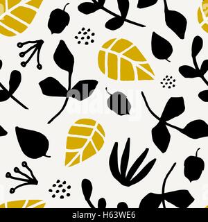 Nahtlose wiederholendes Muster mit schwarzen und gelben Blätter, Zweige und Eicheln auf cremefarbenen Hintergrund. Herbst Fliesen Hintergrund, post Stock Vektor