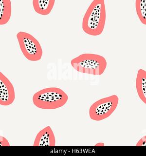 Nahtlose wiederholendes Muster mit handgezeichneten Papayas in schwarz und Pink auf cremefarbenen Hintergrund. Moderne Textilien, Grußkarten, Poster, Stock Vektor