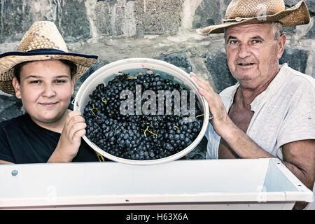 Teenager mit Großvater streuen Trauben der Rebe-Presse. Vintage-Thema. Herbsternte. Blaue Fotofilter. Stockfoto