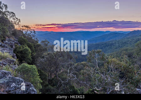 Sonnenuntergang am Ebor fällt auf dem Wasserfall Weg zwischen Armidale und Dorrigo, NSW, Australien. Das sind die New England Tablelands, bu Stockfoto