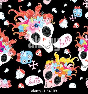 Hellen Musterdesign für Halloween mit einem fröhlichen Schädel Stock Vektor