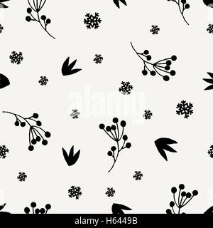 Nahtlose Blumenmuster Winter mit Beeren, Schneeflocken, Zweige und Blätter in schwarz auf cremefarbenen Hintergrund. Stock Vektor