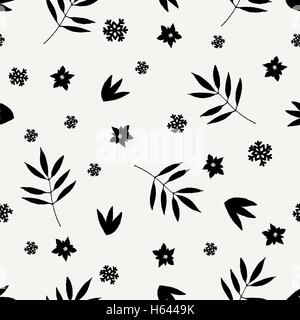 Winter nahtlose Blumenmuster mit Schneeflocken, Zweige und Blätter in schwarz auf cremefarbenen Hintergrund. Stock Vektor