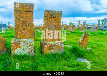 Die Noratus-Friedhof ist einer der bemerkenswerten Sehenswürdigkeiten, befindet sich rund um Sevan See, Provinz Gegharkunik, Armenien. Stockfoto