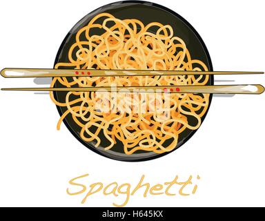 Nudeln. Spaghetti. Spaghetti in Platte ohne Soße. Stock Vektor