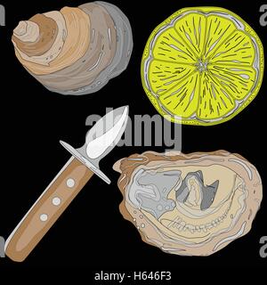 Ausgelöster Austern mit Zitrone auf Whight Hintergrund Stock Vektor