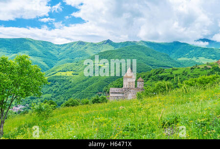 St. Peter and Paul Cathedral Tatev Kloster sieht man hinter der hügeligen grünen Wiese, bedeckt mit Wildblumen, Syunik, Armenien Stockfoto