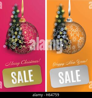 Vektor Kartensatz Weihnachten Verkauf Hintergrund mit Ball, Streifen, verschwommene Baum.  EPS10 Stock Vektor