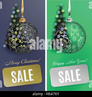 Vektor Kartensatz Weihnachten Verkauf Hintergrund mit Ball, Streifen, verschwommene Weihnachtsbaum. Vektor EPS10 Stock Vektor