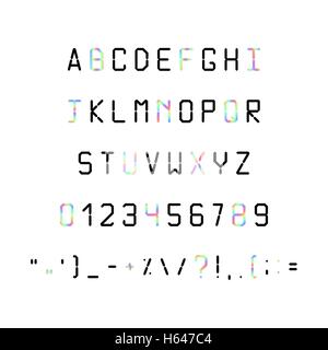 Gedruckte Schrift. Schriften der 80er Jahre, 90er Jahre mit einem Hologramm. Einfache Buchstaben und Symbole. Stock Vektor